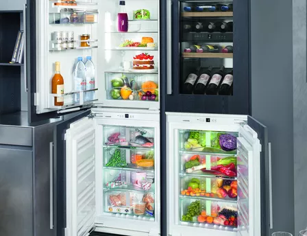 Modulares Vorrats-Center bestehend aus Kühlschrank, Vollraum-BioFresh-Gerät, NoFrost-Gefrierschrank und Weinschrank